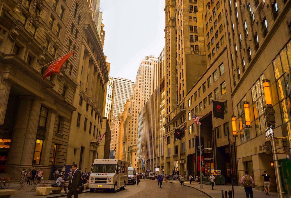 A street with tall buildings 